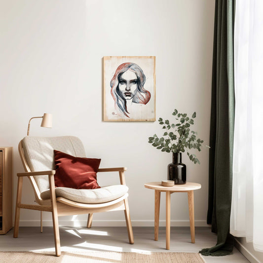 print on wood of watercolour artwork HERA by Corinna Naumann in living room situation