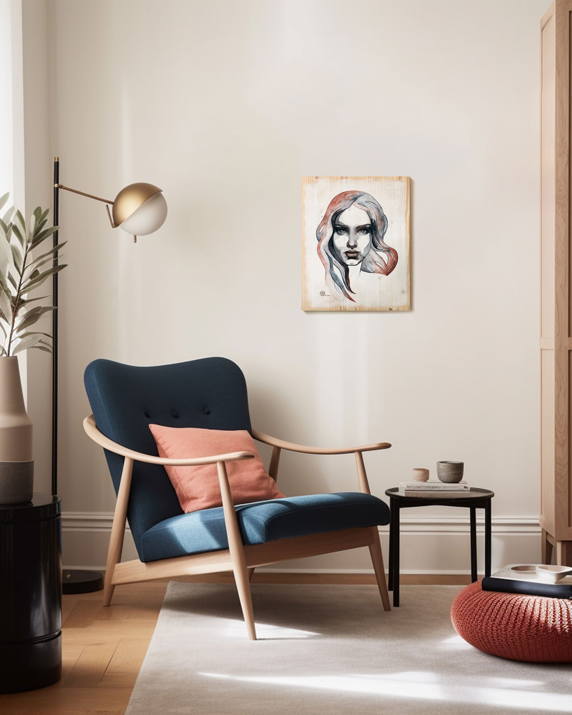 print on wood of watercolour artwork HERA by Corinna Naumann in living room situation