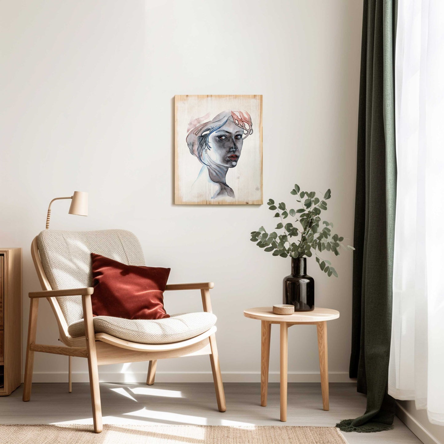 print on wood of watercolour artwork FOLLOW ME by Corinna Naumann in living room situation