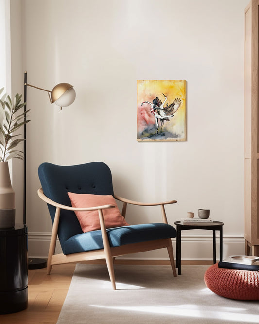 print on wood of watercolour artwork BALZ REVISITED by Corinna Naumann in living room situation