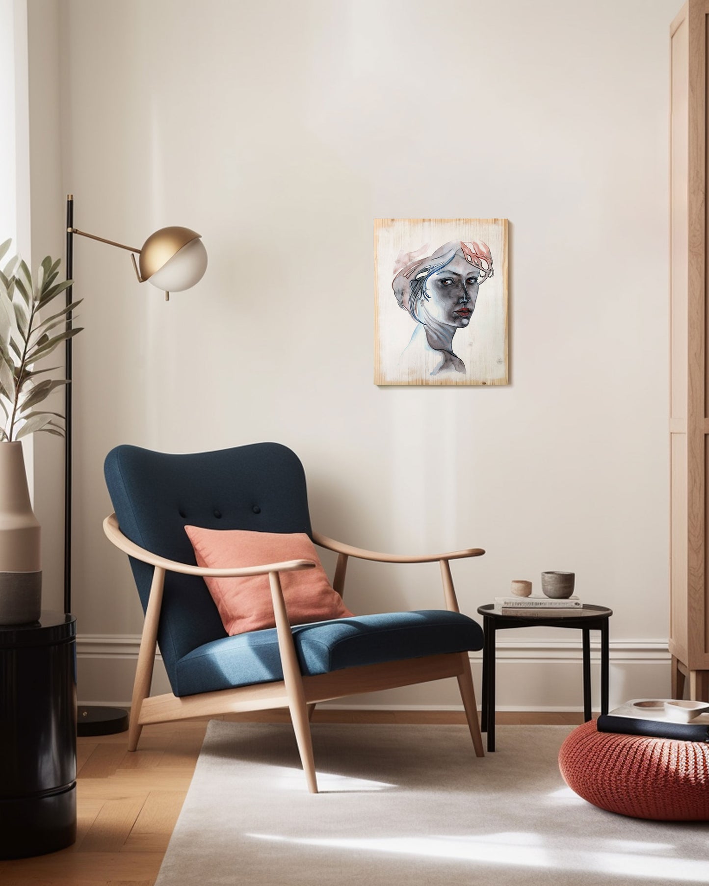 print on wood of watercolour artwork FOLLOW ME by Corinna Naumann in living room situation